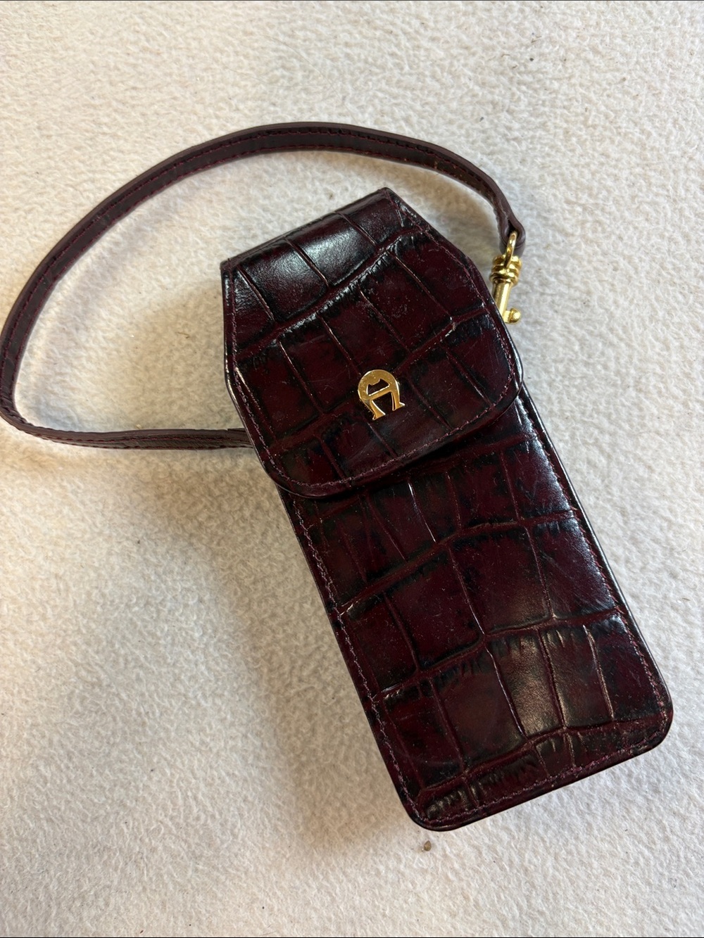 Etienne Aigner Burgundy Croc-Embossed Leather Glasses Case with Gold Hardware